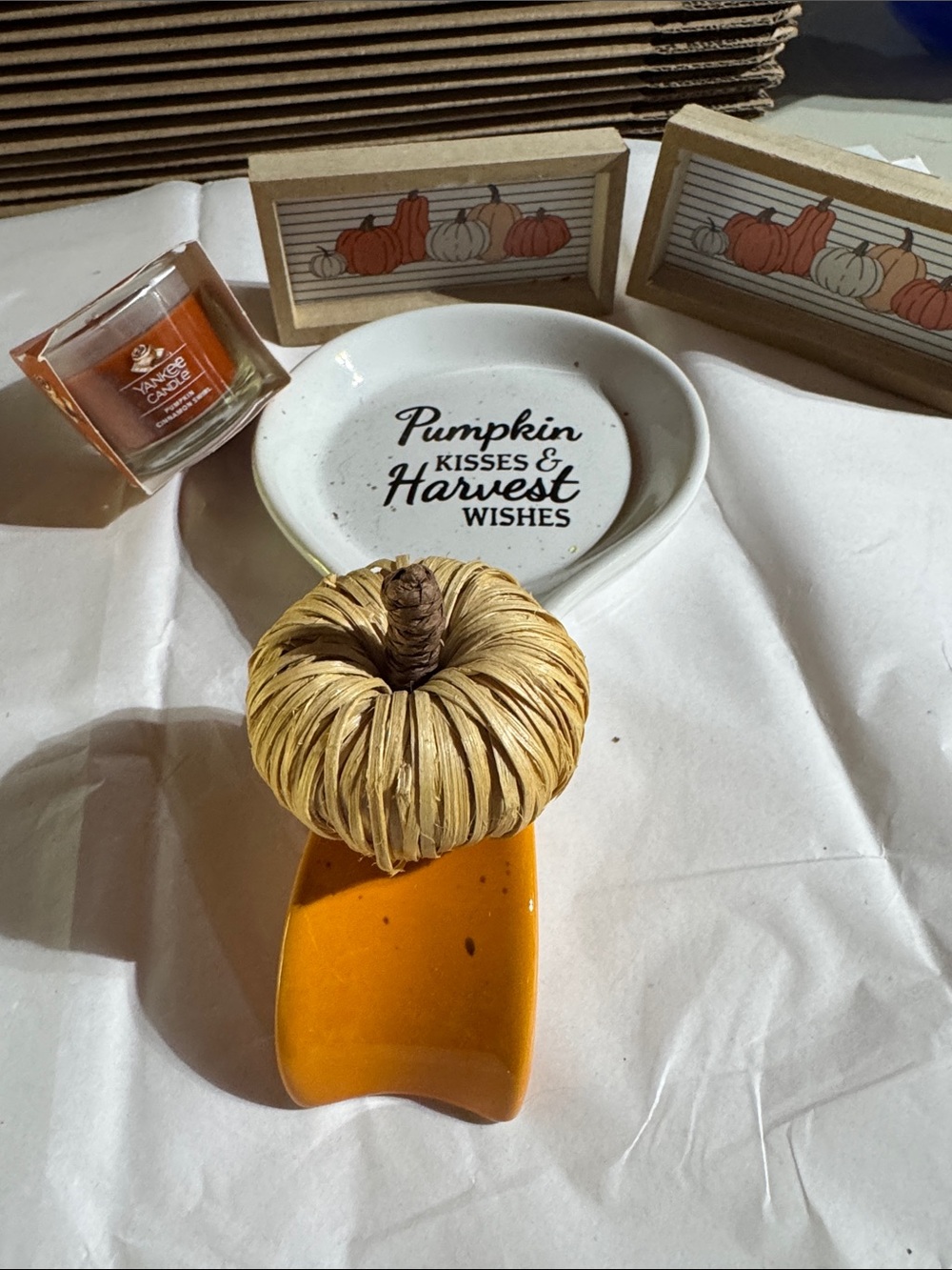 Autumn Pumpkin Décor on Orange Ceramic Spoon Rest